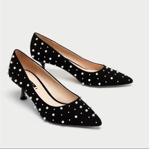 ZARA BLACK KITTEN COURT HEELS FAUX PEARLS